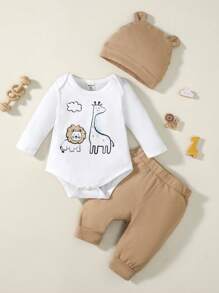 SHEIN Vintaside Kids Bebé niño Body con estampado de dibujos animados con pantalones deportivos & Sombrero - Multicolor - Ver 1