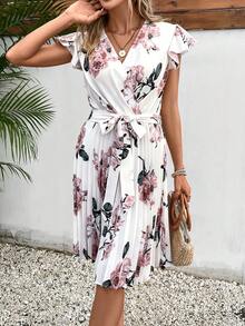SHEIN Frenchy Floral Print Butterfly Sleeve Pleated Hem Belted Dress Summer Flower White Beach - White - View 6