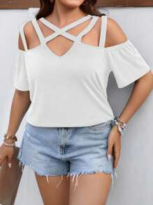 SHEIN LUNE 大碼交叉挖肩T恤 - 白色 - 查看 1