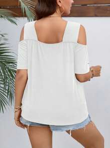 SHEIN LUNE 大碼交叉挖肩T恤 - 白色 - 查看 2