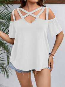 SHEIN LUNE 大碼交叉挖肩T恤 - 白色 - 查看 3