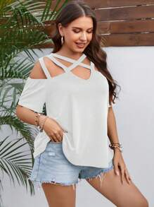 SHEIN LUNE 大碼交叉挖肩T恤 - 白色 - 查看 4