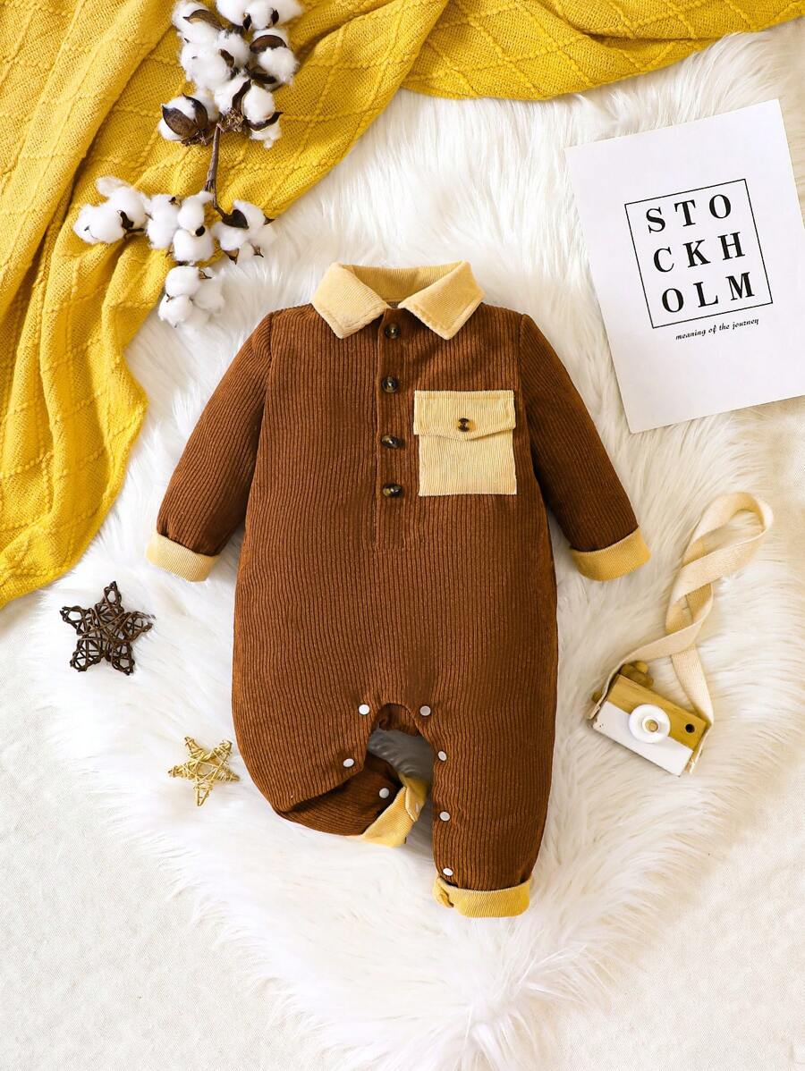 女嬰拼接領翻蓋口袋連身褲 - 棕色 - 查看 1