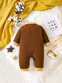 女嬰拼接領翻蓋口袋連身褲 - 棕色 - 查看 2