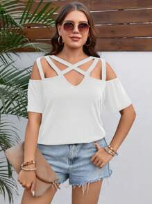 SHEIN LUNE 大碼交叉挖肩T恤 - 白色 - 查看 6