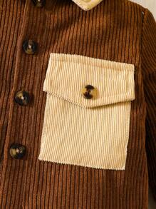 女嬰拼接領翻蓋口袋連身褲 - 棕色 - 查看 4