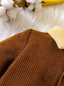 女嬰拼接領翻蓋口袋連身褲 - 棕色 - 查看 5