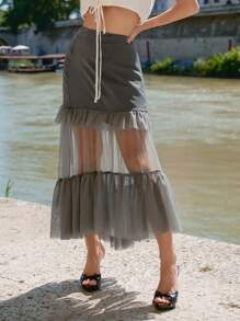 SHEIN 網紗拼接荷葉邊半身裙 - 灰色 - 查看 1