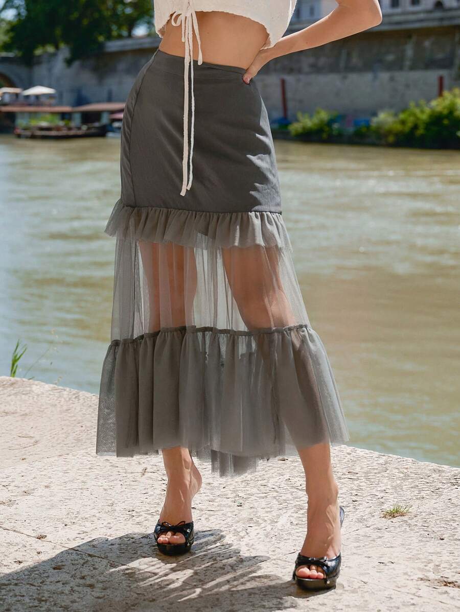 SHEIN 網紗拼接荷葉邊半身裙 - 灰色 - 查看 1