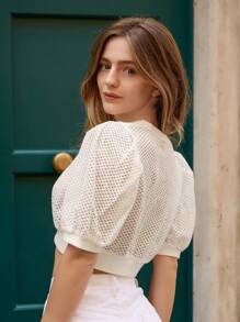 SHEIN 泡泡袖針織短上衣 - 白色 - 查看 1