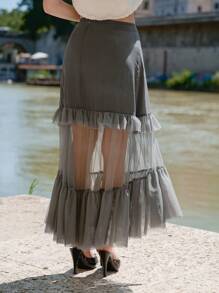 SHEIN 網紗拼接荷葉邊半身裙 - 灰色 - 查看 2