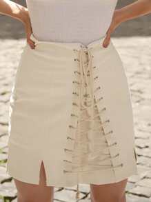 SHEIN 前繫帶開衩短裙 - 白色 - 查看 1