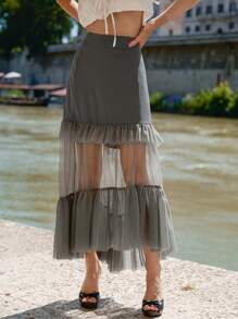 SHEIN 網紗拼接荷葉邊半身裙 - 灰色 - 查看 5