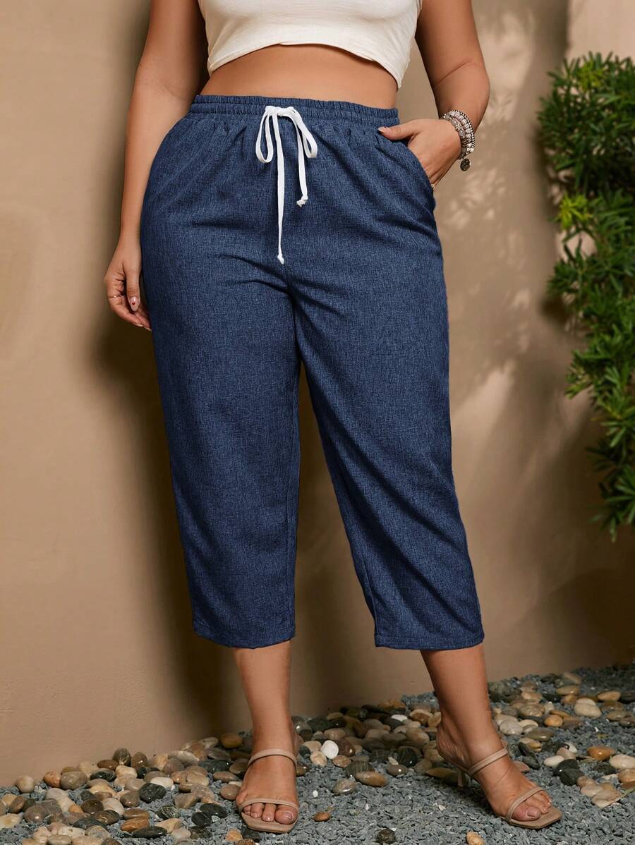 SHEIN LUNE Talla grande Pantalones capris de cintura con cordón - Azul Marino - Ver 1