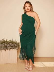 SHEIN Belle Plus One Shoulder Fringe Trim Wrap Hem Dress - Dark Green - View 1