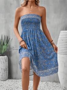 SHEIN VCAY Floral Print Tube Dress - Blue - View 3