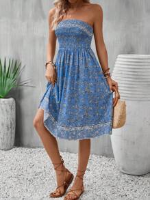 SHEIN VCAY Floral Print Tube Dress - Blue - View 5