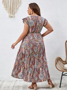 SHEIN VCAY Plus Paisley Print Butterfly Sleeve Ruffle Hem Dress