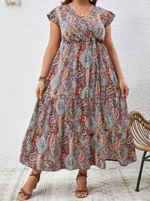 SHEIN VCAY Plus Paisley Print Butterfly Sleeve Ruffle Hem Dress