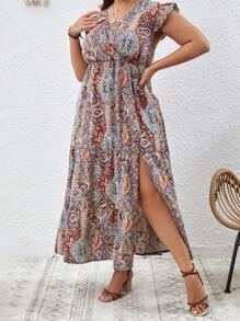 SHEIN VCAY Plus Paisley Print Butterfly Sleeve Ruffle Hem Dress