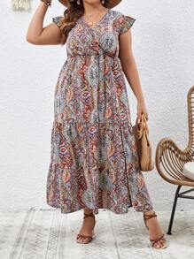 SHEIN VCAY Plus Paisley Print Butterfly Sleeve Ruffle Hem Dress