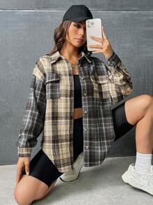 SHEIN EZwear 格紋印花落肩袖翻蓋口袋花呢外套 - 彩色 - 查看 2