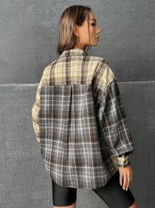 SHEIN EZwear 格紋印花落肩袖翻蓋口袋花呢外套 - 彩色 - 查看 3