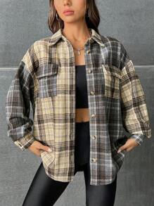 SHEIN EZwear 格紋印花落肩袖翻蓋口袋花呢外套 - 彩色 - 查看 1