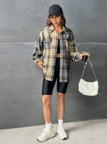 SHEIN EZwear 格紋印花落肩袖翻蓋口袋花呢外套 - 彩色 - 查看 4
