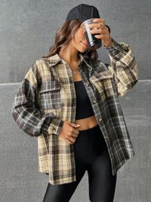 SHEIN EZwear 格紋印花落肩袖翻蓋口袋花呢外套 - 彩色 - 查看 6