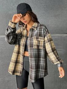 SHEIN EZwear 格紋印花落肩袖翻蓋口袋花呢外套 - 彩色 - 查看 7