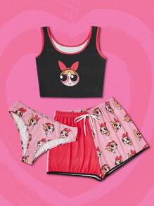 The Powerpuff Girls | ROMWE Plus 3pcs Cartoon Graphic Contrast Binding PJ Set - Multicolor - View 1