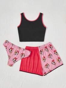 The Powerpuff Girls | ROMWE Plus 3pcs Cartoon Graphic Contrast Binding PJ Set - Multicolor - View 2