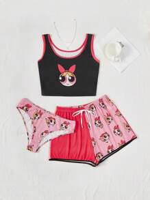 The Powerpuff Girls | ROMWE Plus 3pcs Cartoon Graphic Contrast Binding PJ Set - Multicolor - View 3