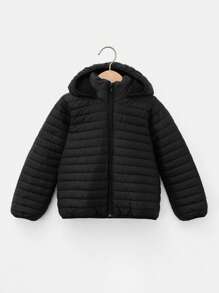 RueChic Young Boy Zip Up Hooded Puffer Coat - Black - View 1