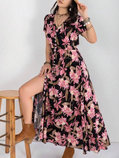  Rusttydustty Bohemian Women Multi Color Floral V-Neck Elegant Pocket Dress Summer Party Music Festival Wedding Season Beach Holiday