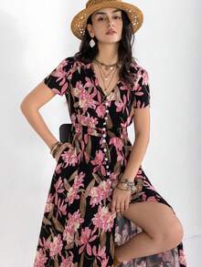 Rusttydustty Bohemian Women Multi Color Floral V-Neck Elegant Pocket Dress Summer Party Music Festival Wedding Season Beach Holiday Vacation - Multicolor - View 4