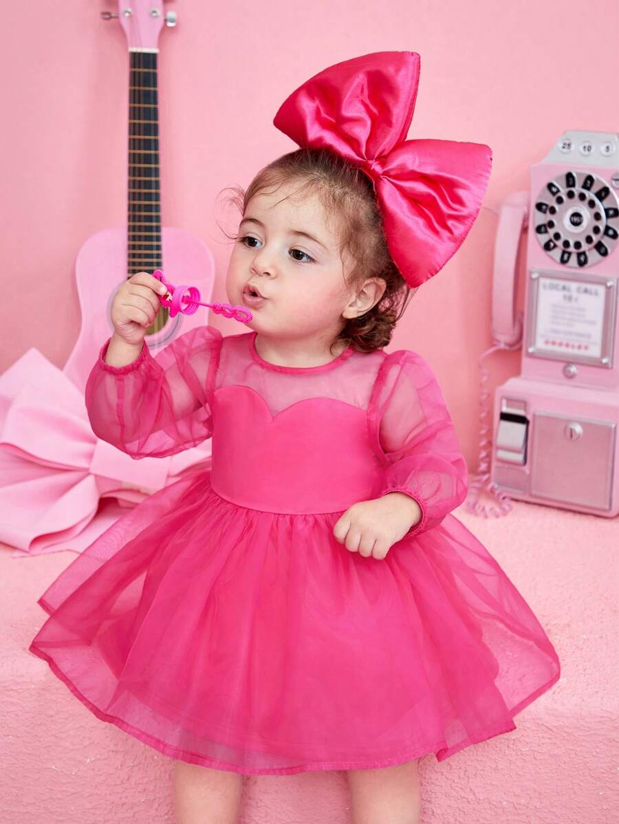 SHEIN Baby Girl Contrast Mesh Dress Without Handband - Hot Pink - View 1