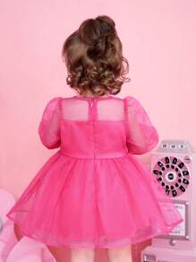 SHEIN Baby Girl Contrast Mesh Dress Without Handband - Hot Pink - View 2