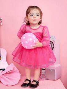 SHEIN Baby Girl Contrast Mesh Dress Without Handband - Hot Pink - View 3