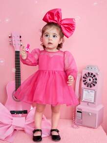 SHEIN Baby Girl Contrast Mesh Dress Without Handband - Hot Pink - View 4