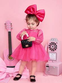 SHEIN Baby Girl Contrast Mesh Dress Without Handband - Hot Pink - View 5