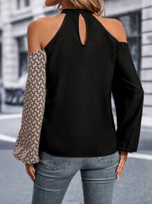 SHEIN Clasi Two Tone Cold Shoulder Blouse - Multicolor - View 2