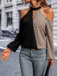 SHEIN Clasi Two Tone Cold Shoulder Blouse - Multicolor - View 4