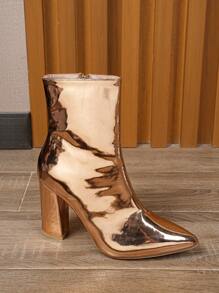 New Arrival Stylish Women's Boots 2023, Silver Pointed Toe Chunky Heel Zipper Closure Ankle Boots - Champagne - View 3