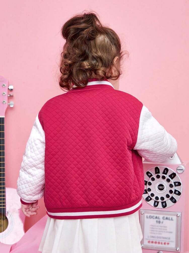 Baby Girl Letter Patched Striped Trim Colorblock Varsity Jacket