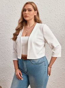 SHEIN LUNE Plus Solid Open Front Jacket - White - View 3
