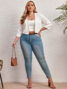 SHEIN LUNE Plus Solid Open Front Jacket - White - View 5