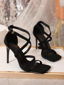 lujo con estampado Zapatos de tacón de aguja Sandalias de tiras - Negro - Ver 3