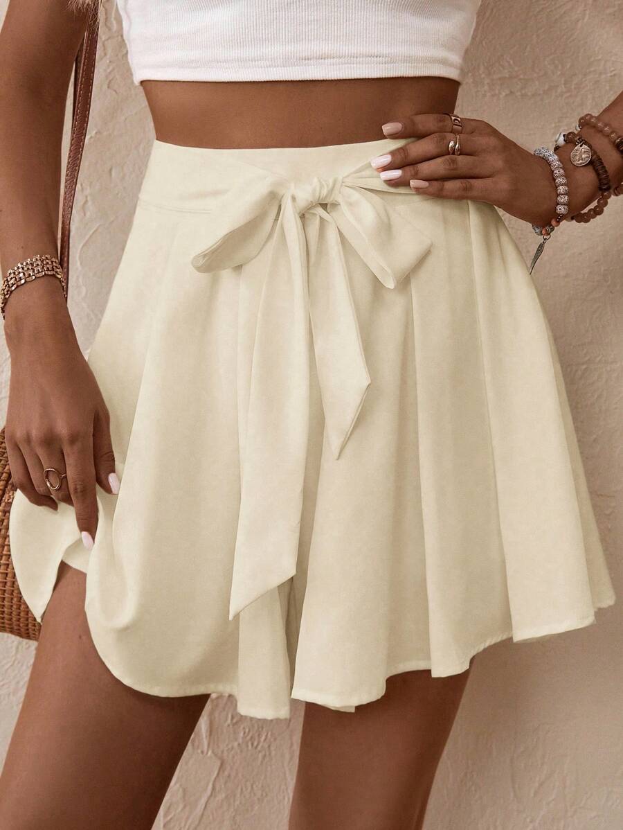 SHEIN VCAY Solid Belted Wide Leg Shorts - Apricot - View 1
